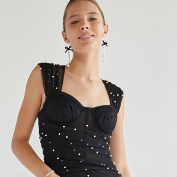 Francesca’s Kathy Rouched Pearl Embellished Midi Dress - Picture 10 of 13
